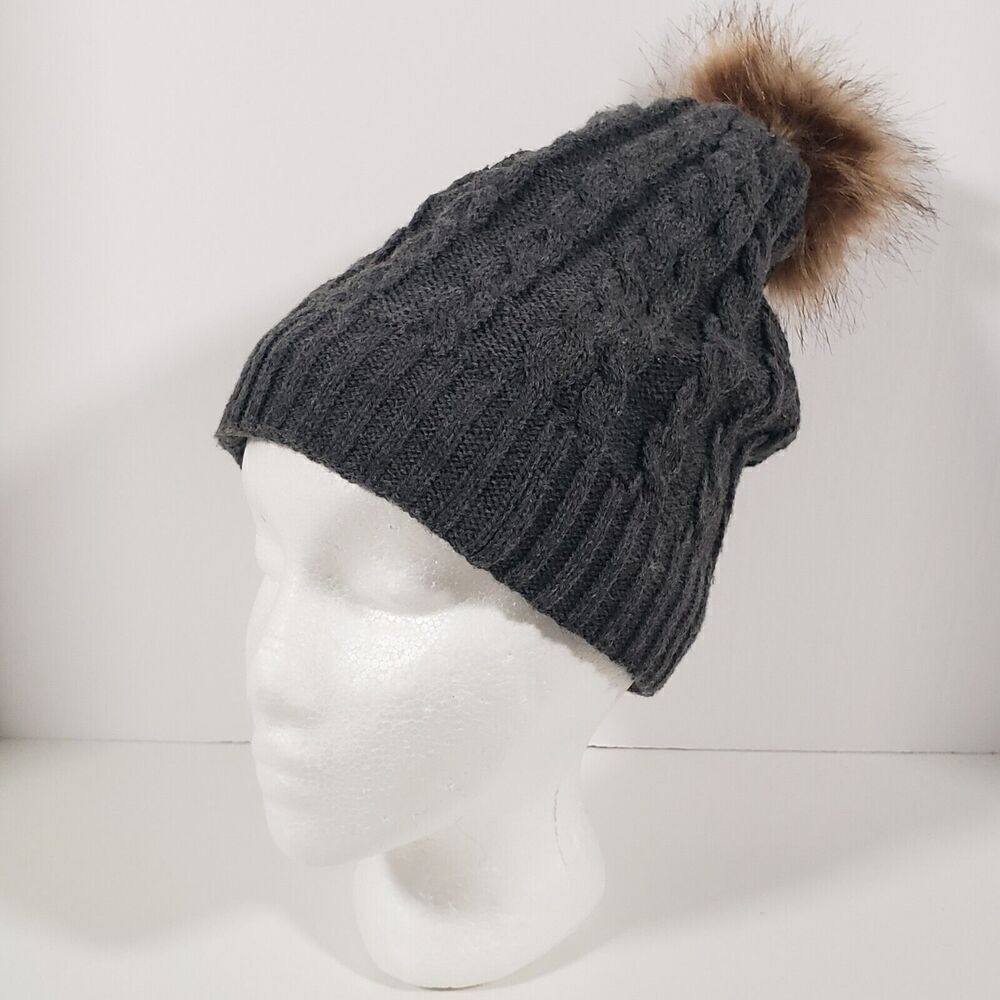 Beanie Hat Women's OS Gray Knit Chunky Fleece Lined Faux Fur Pom Pom